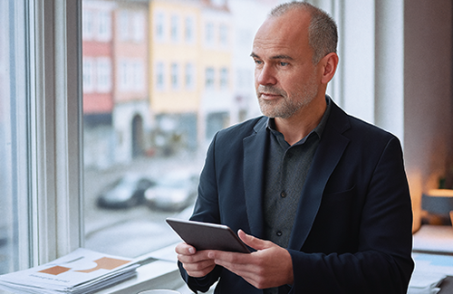 Henrik - Driftschef med iPad i skandinavisk kontor med udsigt til dansk gade_500x325