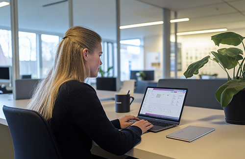 Marie - Fokuseret på laptop i moderne skandinavisk kontor_500x325