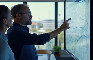 Thomas - Driftschef ved interaktiv skærm med digitalt kort i skandinavisk kontor_500x325