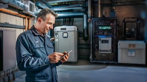Technician - Checking tablet in basement 1000px